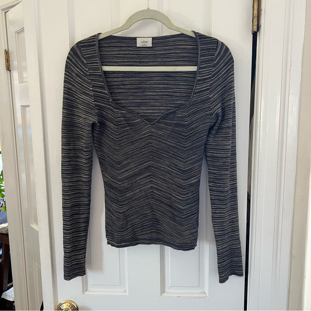 Wilfred Free Aritzia Navy Blue Green Beige Tight Striped Shirt